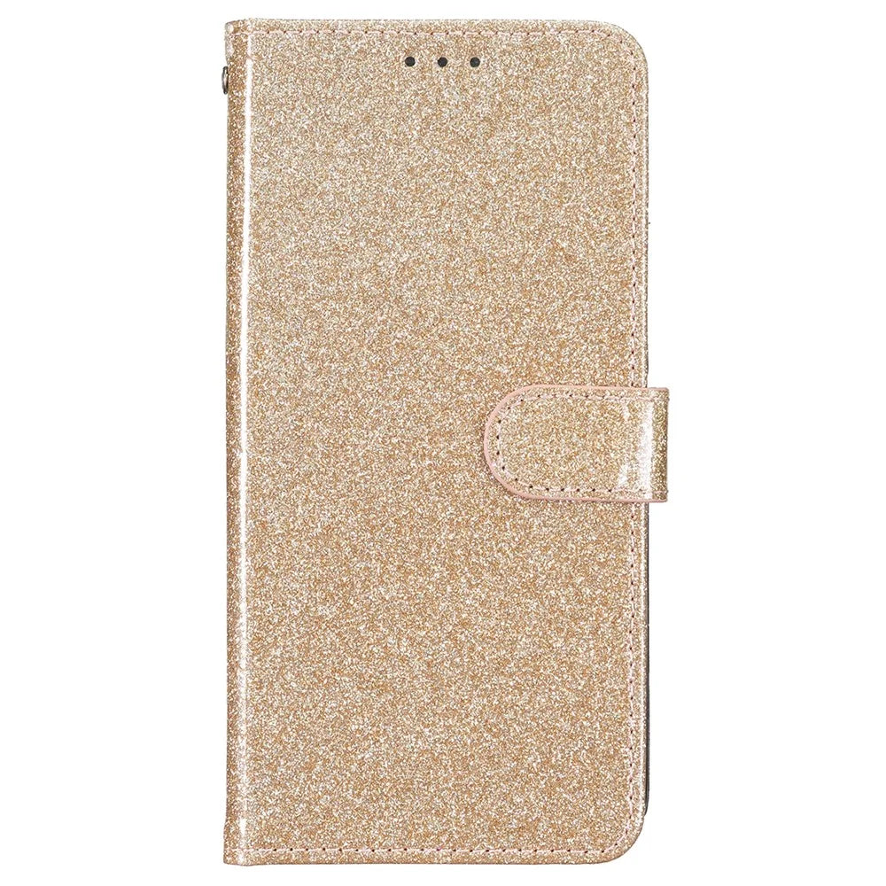 For iPhone 16 Plus Case PU Leather Wallet Folding Stand Glitter Phone Cover - Gold - 5