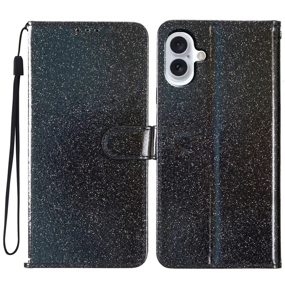 For iPhone 16 Protective Case Glitter Leather Wallet Phone Cover - Black - 1
