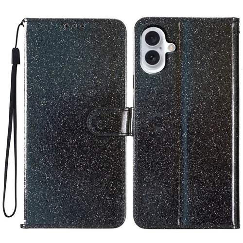 For iPhone 16 Protective Case Glitter Leather Wallet Phone Cover - Black - 1