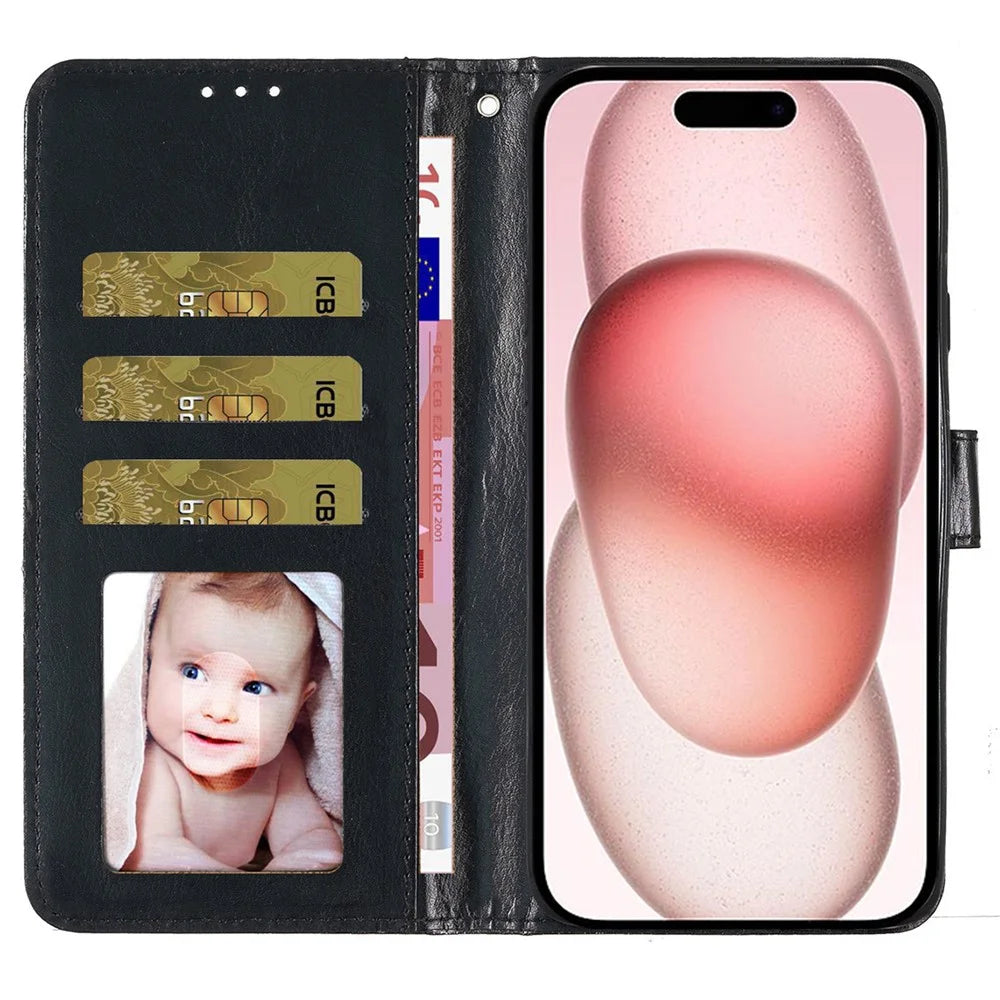For iPhone 16 Protective Case Glitter Leather Wallet Phone Cover - Black - 2