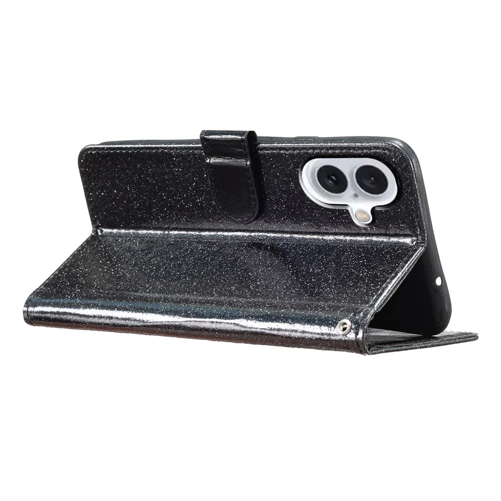 For iPhone 16 Protective Case Glitter Leather Wallet Phone Cover - Black - 3