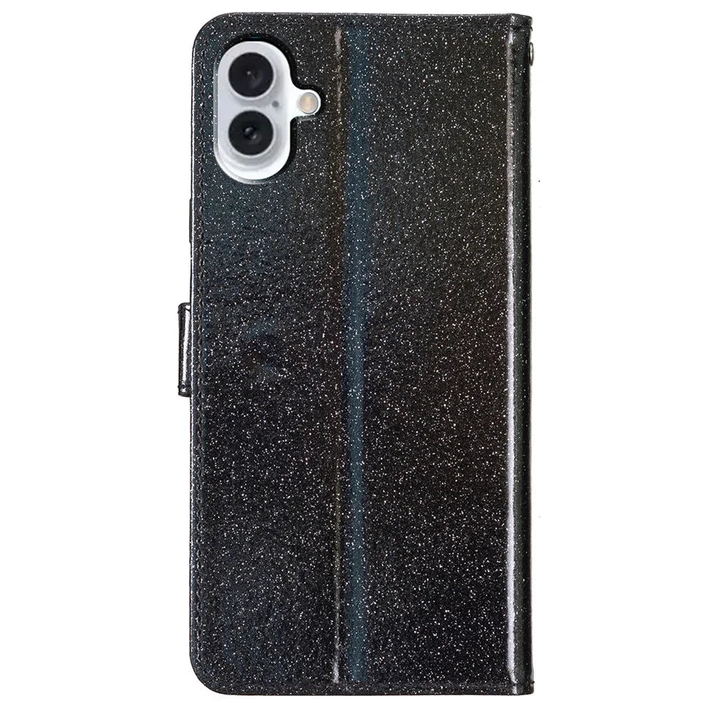 For iPhone 16 Protective Case Glitter Leather Wallet Phone Cover - Black - 6