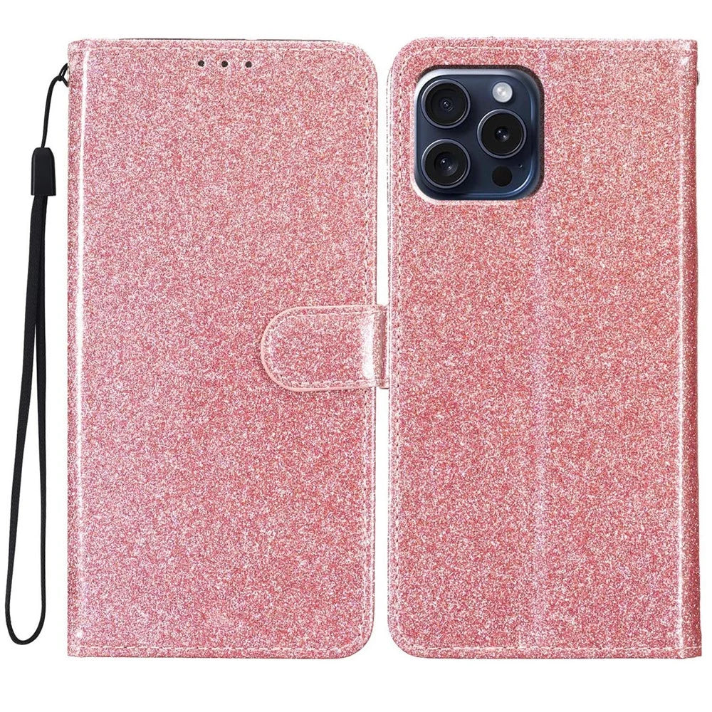 For iPhone 16 Pro Case Glitter PU Leather Wallet Card Slots Phone Cover - Rose Gold - 1