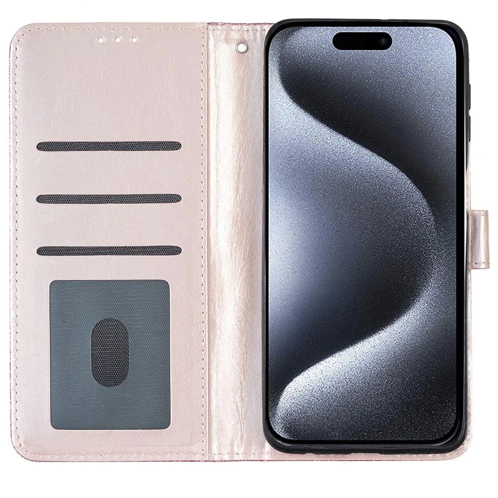 For iPhone 16 Pro Case Glitter PU Leather Wallet Card Slots Phone Cover - Rose Gold - 2