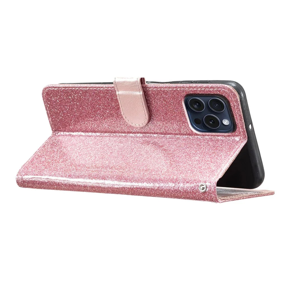 For iPhone 16 Pro Case Glitter PU Leather Wallet Card Slots Phone Cover - Rose Gold - 3