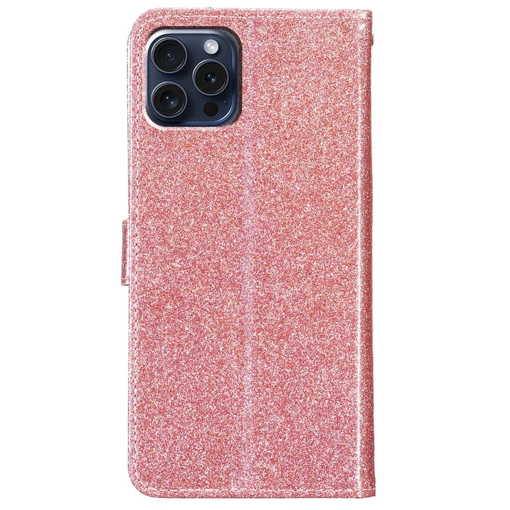 For iPhone 16 Pro Case Glitter PU Leather Wallet Card Slots Phone Cover - Rose Gold - 6