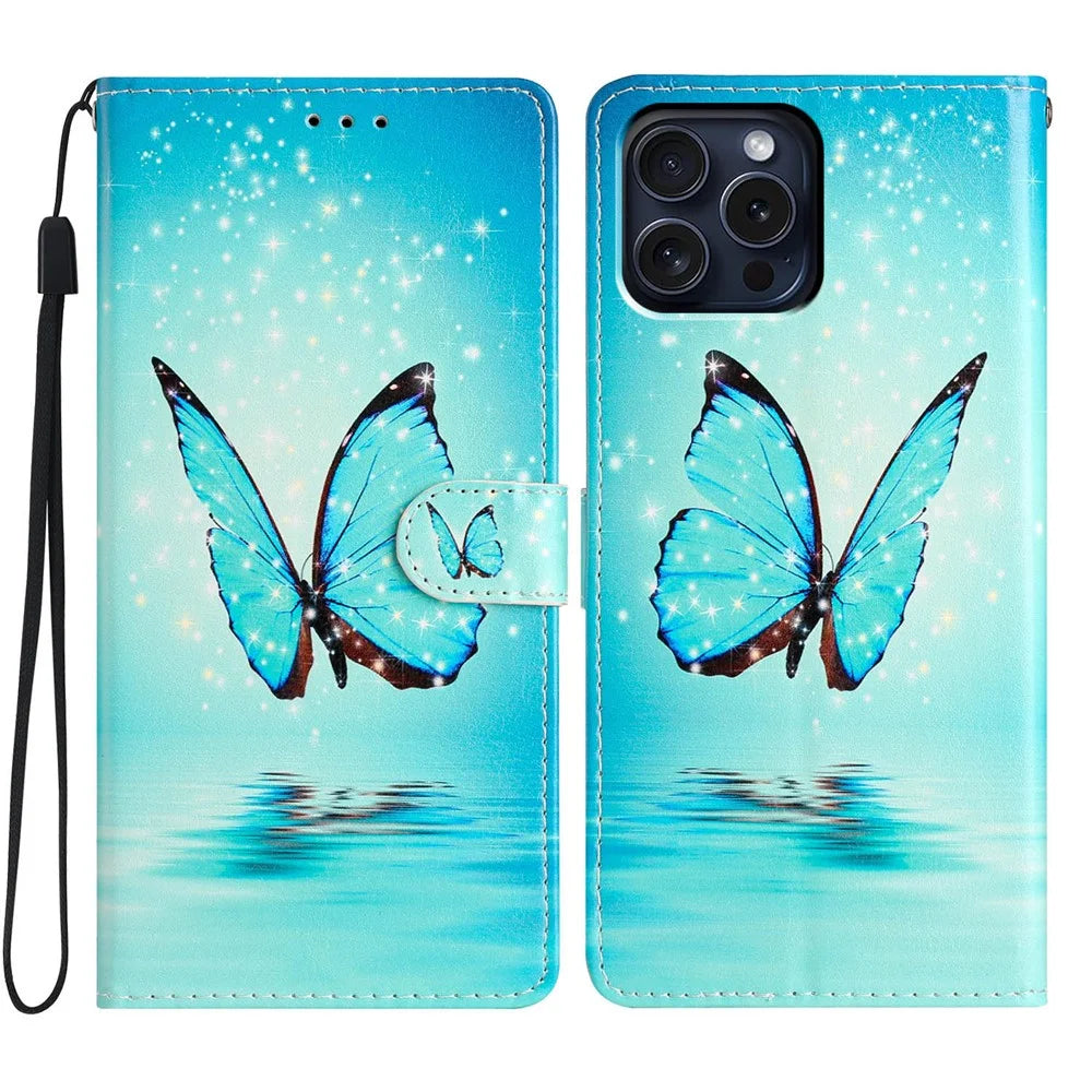 For iPhone 16 Pro Case Print Pattern Design PU Leather Phone Cover with Card Slots Wrist Strap - Blue Butterfly - 1
