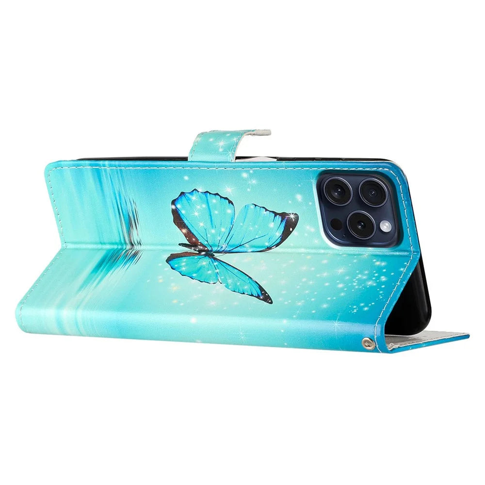 For iPhone 16 Pro Case Print Pattern Design PU Leather Phone Cover with Card Slots Wrist Strap - Blue Butterfly - 4