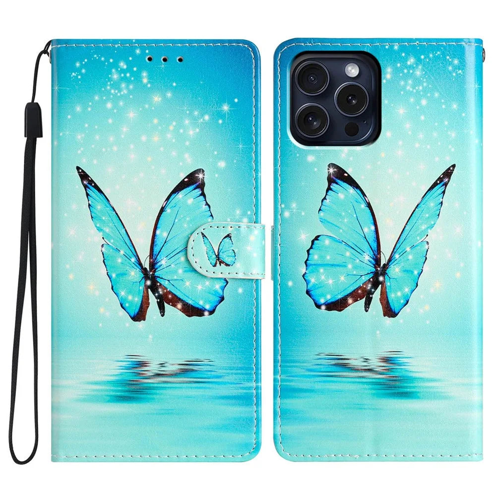 For iPhone 16 Pro Max Case Pattern Print PU Leather Card Slots Phone Cover with Wrist Strap - Blue Butterfly - 1