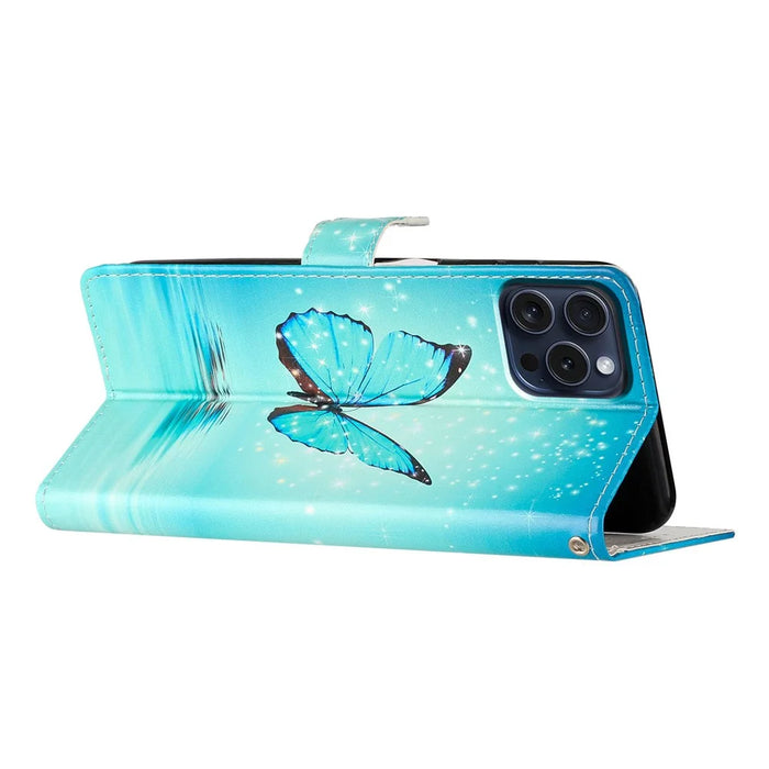 For iPhone 16 Pro Max Case Pattern Print PU Leather Card Slots Phone Cover with Wrist Strap - Blue Butterfly - 4