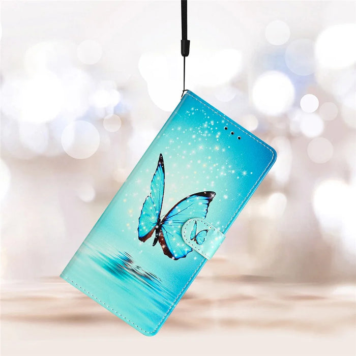 For iPhone 16 Pro Max Case Pattern Print PU Leather Card Slots Phone Cover with Wrist Strap - Blue Butterfly - 7