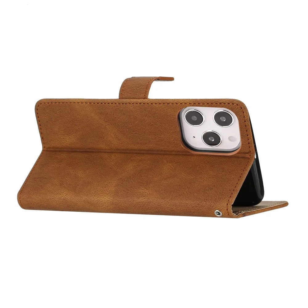 For iPhone 16 Pro Case Crazy Horse Texture PU Leather Wallet Stand Phone Cover - Brown - 4