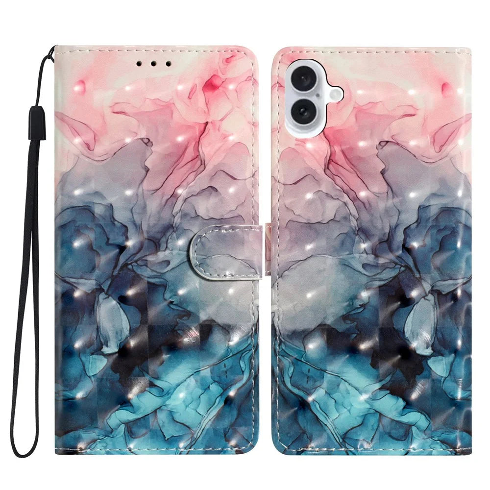 For iPhone 16 Case PU Leather 3D Pattern Printing Phone Wallet Cover - Pink Blue Marble - 1