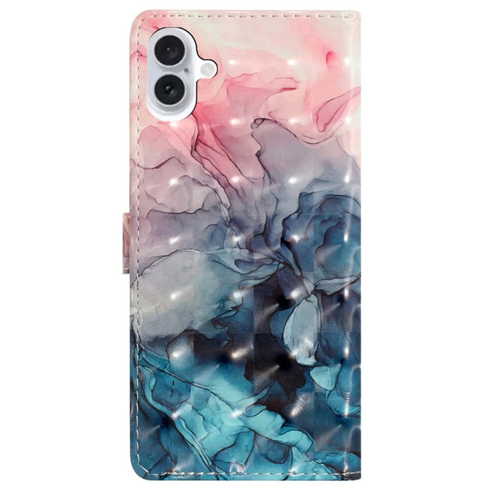 For iPhone 16 Case PU Leather 3D Pattern Printing Phone Wallet Cover - Pink Blue Marble - 7