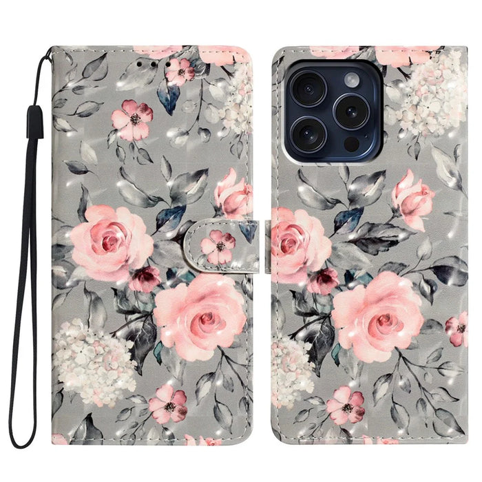 For iPhone 16 Pro Case 3D Pattern Print Leather Wallet Flip Phone Cover - Flowers - 1