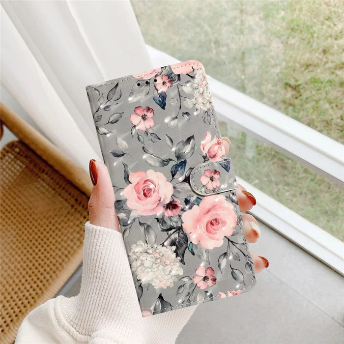 For iPhone 16 Pro Case 3D Pattern Print Leather Wallet Flip Phone Cover - Flowers - 5
