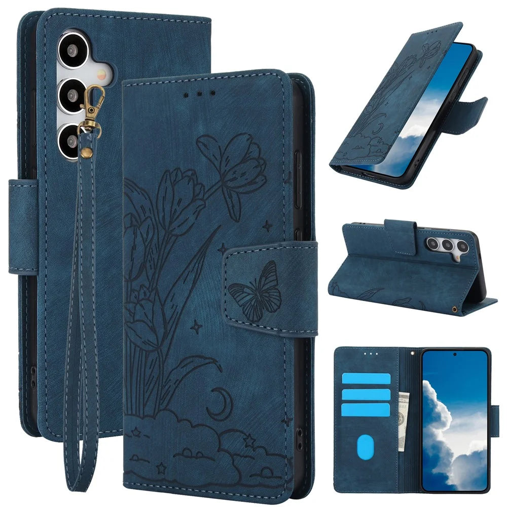 SY-001 For Samsung Galaxy S24+ Case Butterfly Flower Leather Wallet Stand Phone Cover with Wrist Strap - Blue - 1