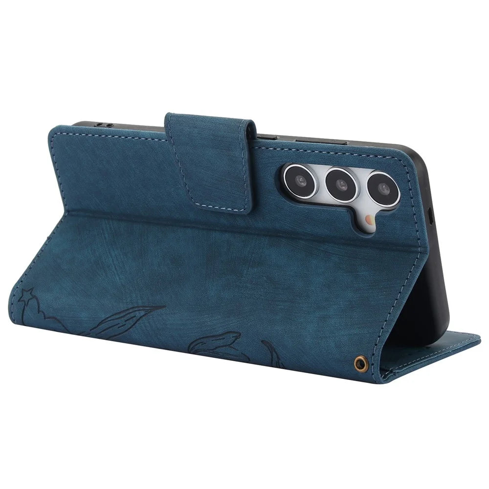 SY-001 For Samsung Galaxy S24+ Case Butterfly Flower Leather Wallet Stand Phone Cover with Wrist Strap - Blue - 4
