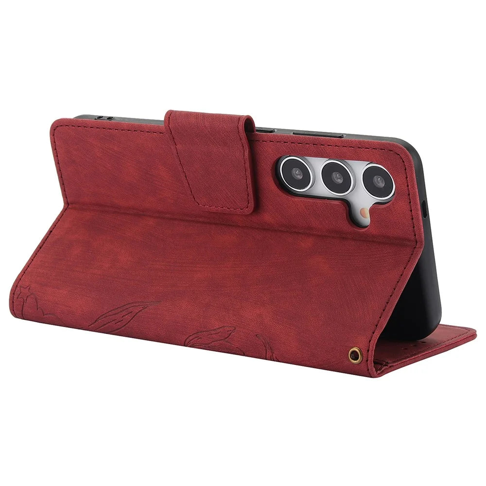SY-001 For Samsung Galaxy S24 Case Butterfly Flower Leather Cover with Magnetic Clasp - Red - 3