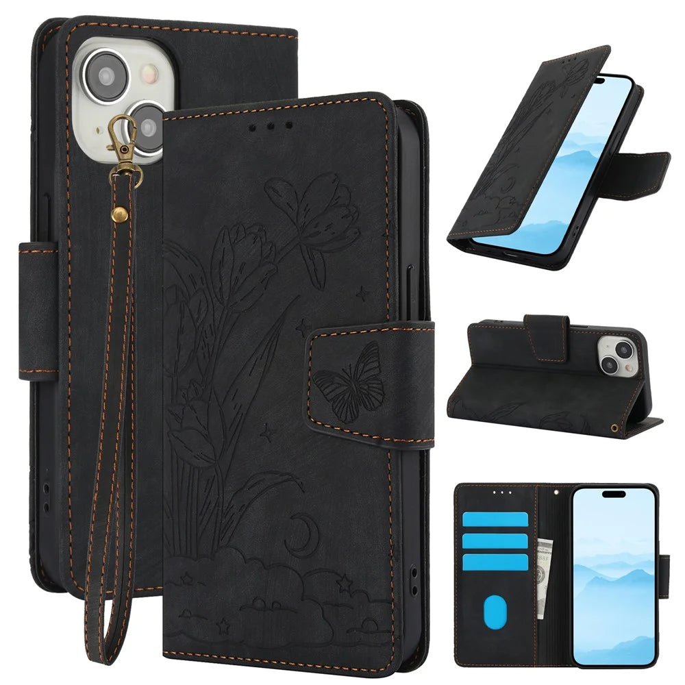 SY-001 For iPhone 15 Plus / 14 Plus Case Folding Stand Butterfly Flower Leather Phone Cover Handbag - Black - 1