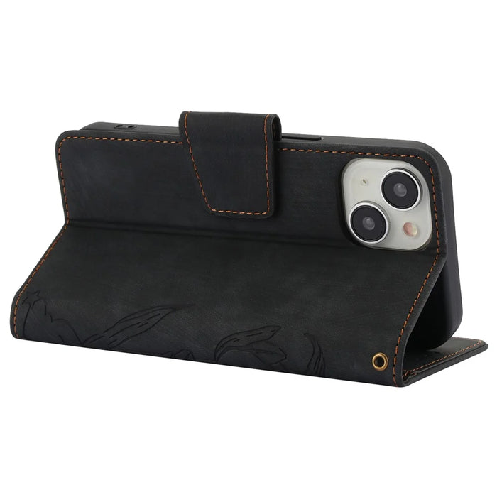 SY-001 For iPhone 15 Plus / 14 Plus Case Folding Stand Butterfly Flower Leather Phone Cover Handbag - Black - 3
