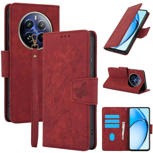SY-001 For Realme 12 Pro 5G / 12 Pro+ 5G Case with Wrist Strap Butterfly Flower Leather Phone Cover Folio Wallet - Red - 1