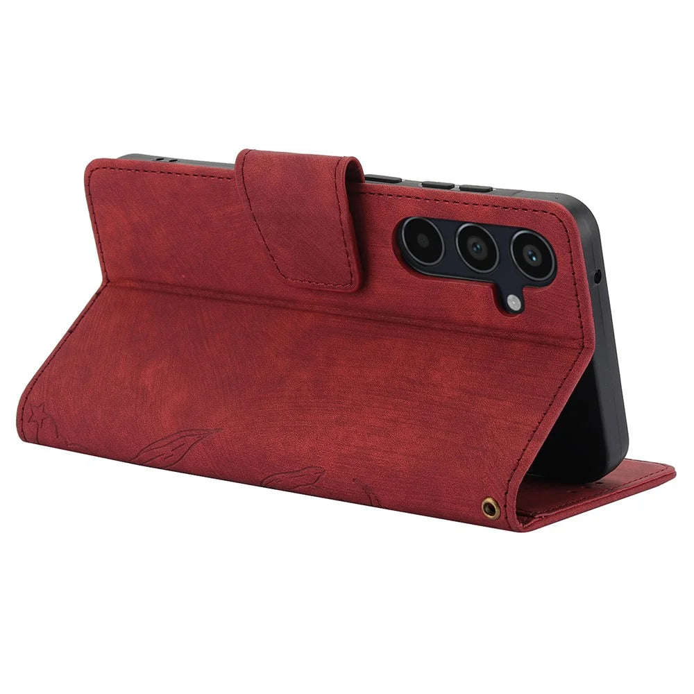SY-001 For Samsung Galaxy A35 5G Case Butterfly Flower Wallet Flip Leather Cover - Red - 3