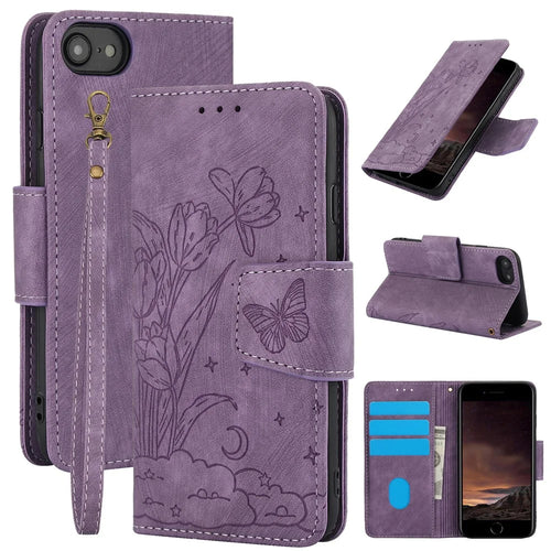 SY-001 For iPhone 17e / 16e Case Butterfly Flower Anti-Scratch Leather Phone Cover - Purple - 1