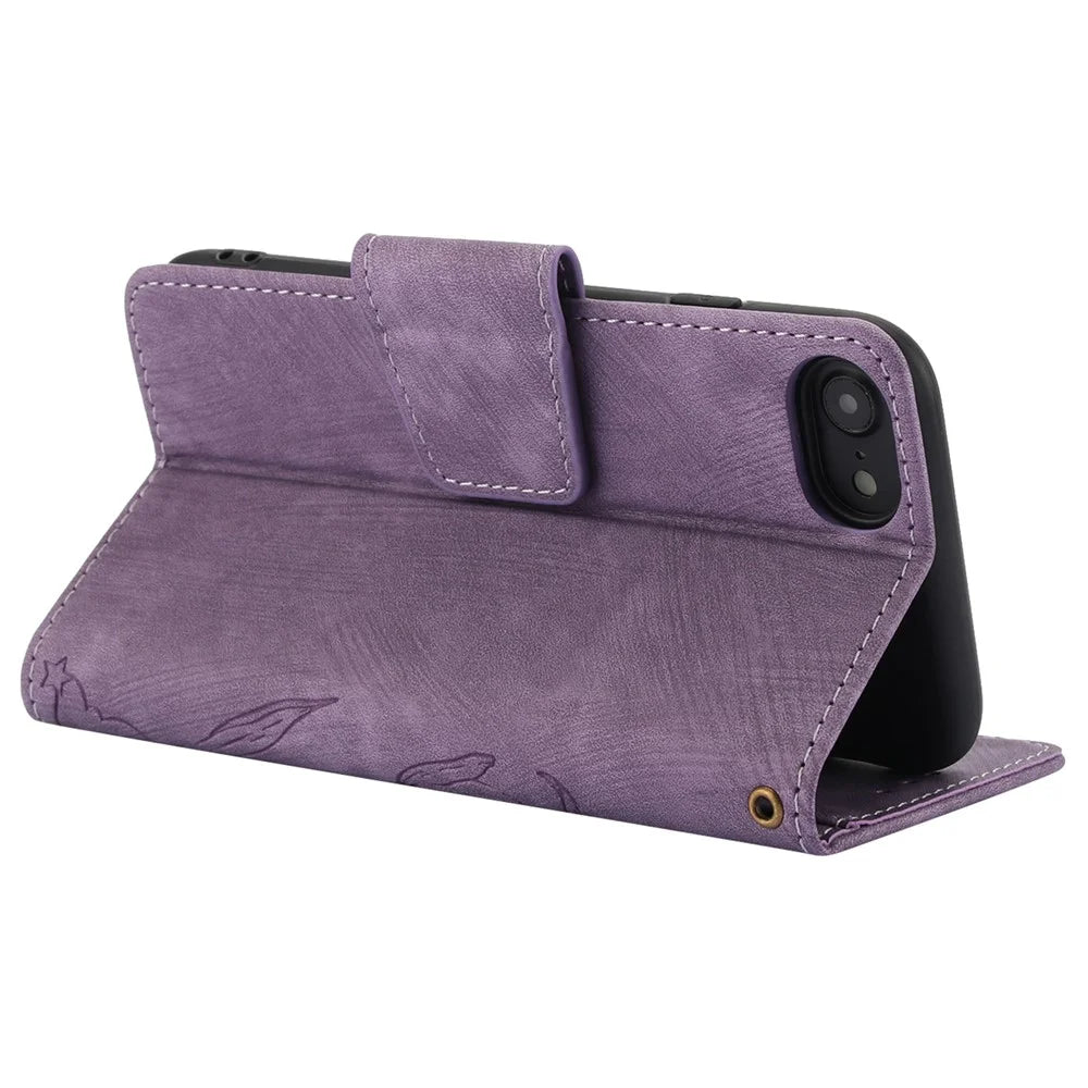 SY-001 For iPhone 17e / 16e Case Butterfly Flower Anti-Scratch Leather Phone Cover - Purple - 3