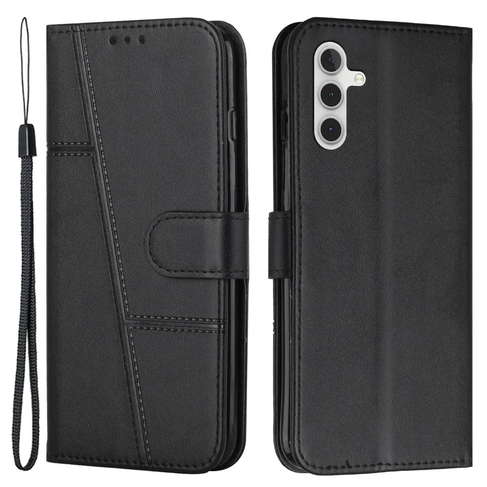 For Samsung Galaxy M55 5G / C55 5G Phone Case Anti-Scratch PU Leather Stand Wallet Cover - Black - 1