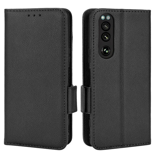 For Sony Xperia 5 IV 5G Litchi Texture Stand Wallet Phone Cover PU Leather Dual Magnetic Clasp Case - Black - 1