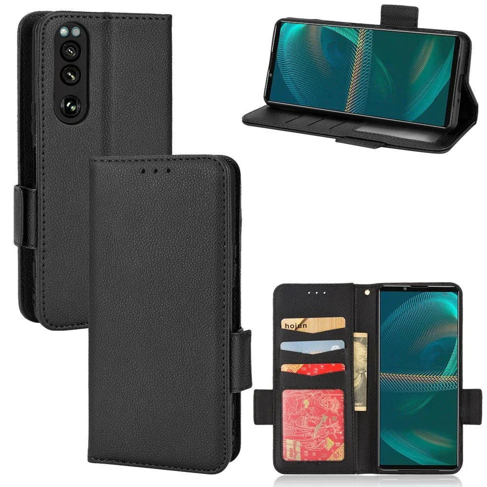 For Sony Xperia 5 IV 5G Litchi Texture Stand Wallet Phone Cover PU Leather Dual Magnetic Clasp Case - Black - 7