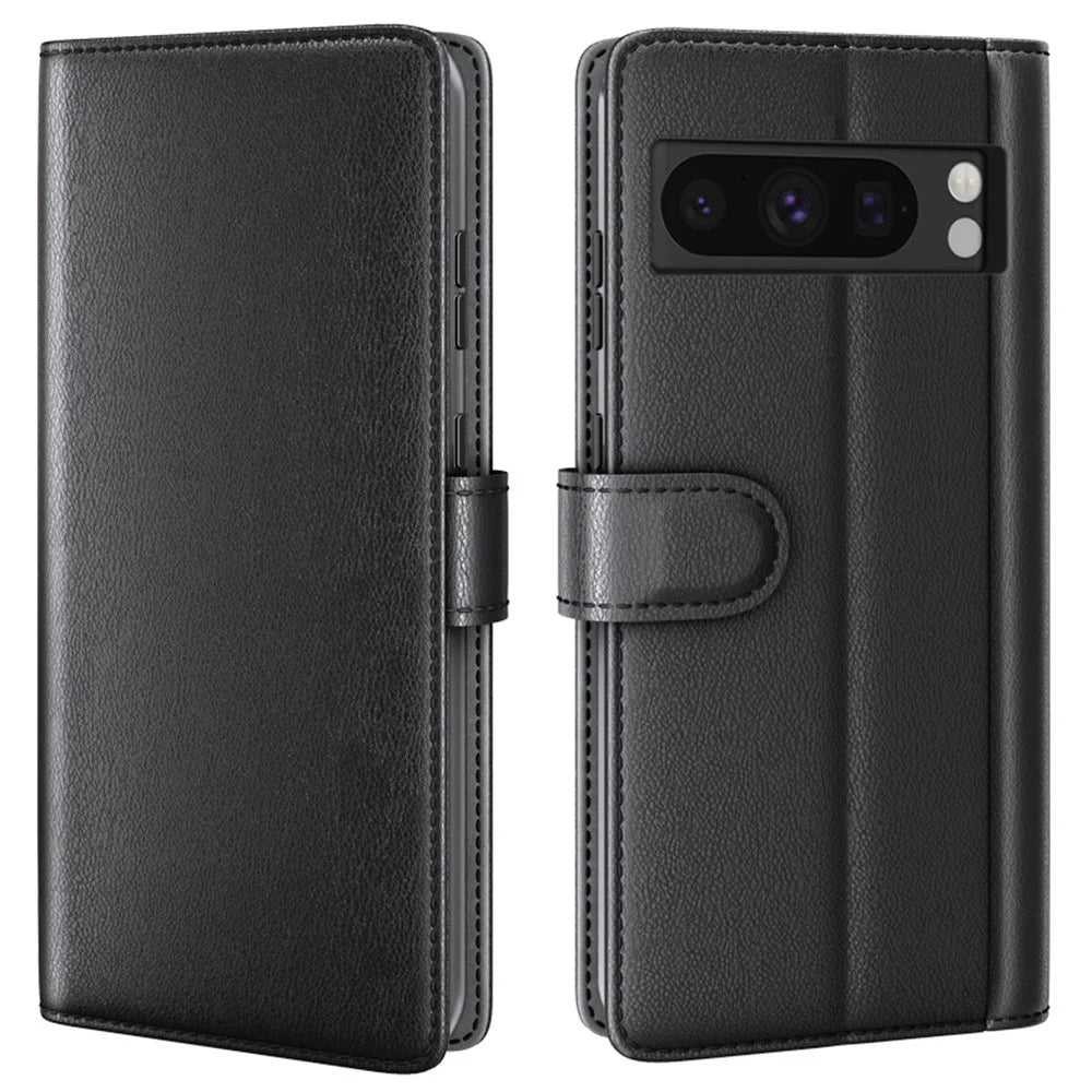 For Google Pixel 8 Pro Phone Cases Genuine Split Leather Wallet Mobile Cover Stand - Black - 1