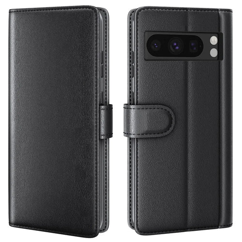For Google Pixel 8 Pro Phone Cases Genuine Split Leather Wallet Mobile Cover Stand - Black - 1