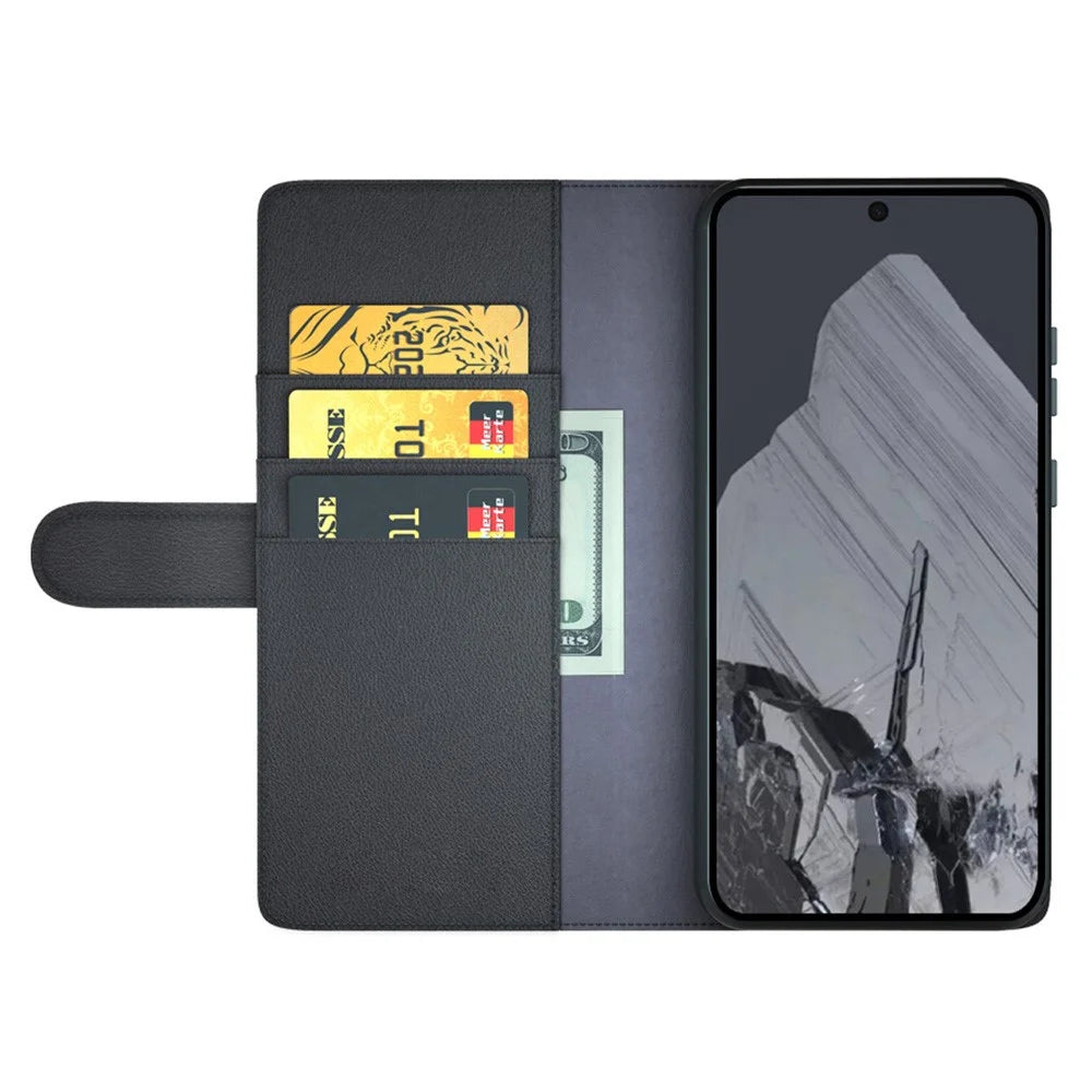 For Google Pixel 8 Pro Phone Cases Genuine Split Leather Wallet Mobile Cover Stand - Black - 2