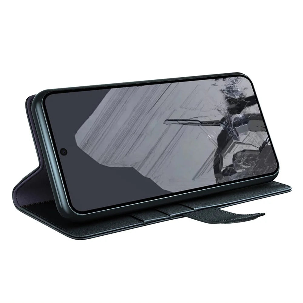 For Google Pixel 8 Pro Phone Cases Genuine Split Leather Wallet Mobile Cover Stand - Black - 3