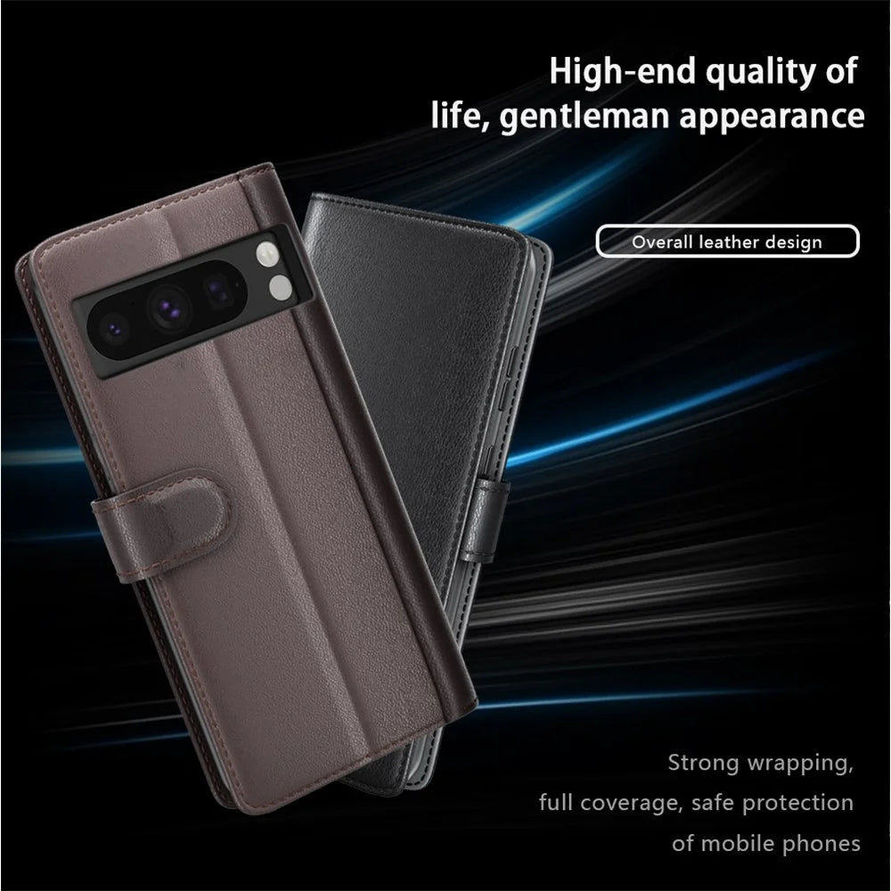 For Google Pixel 8 Pro Phone Cases Genuine Split Leather Wallet Mobile Cover Stand - Black - 4