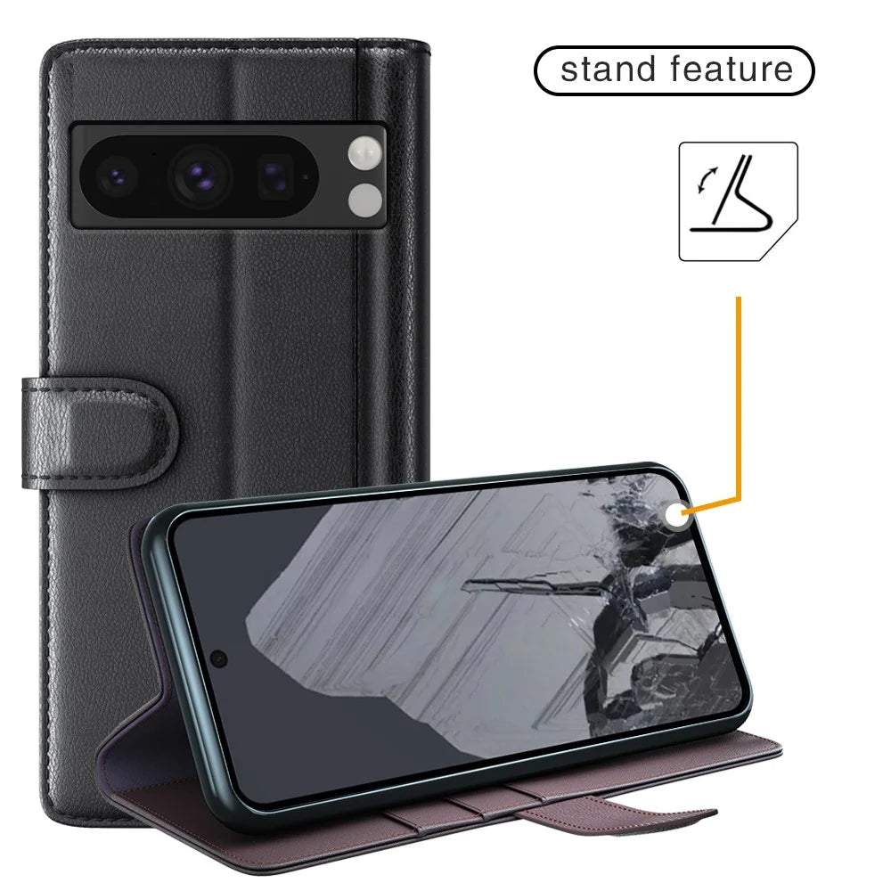 For Google Pixel 8 Pro Phone Cases Genuine Split Leather Wallet Mobile Cover Stand - Black - 6