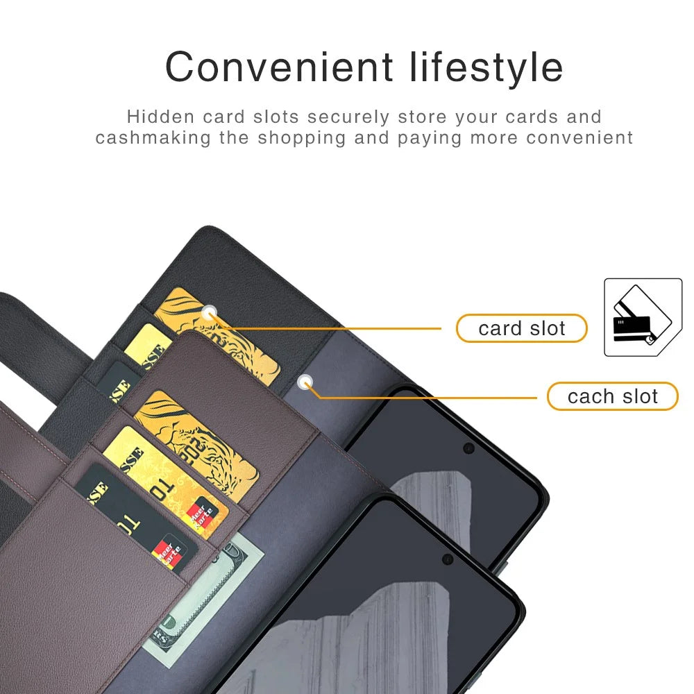 For Google Pixel 8 Pro Phone Cases Genuine Split Leather Wallet Mobile Cover Stand - Black - 7