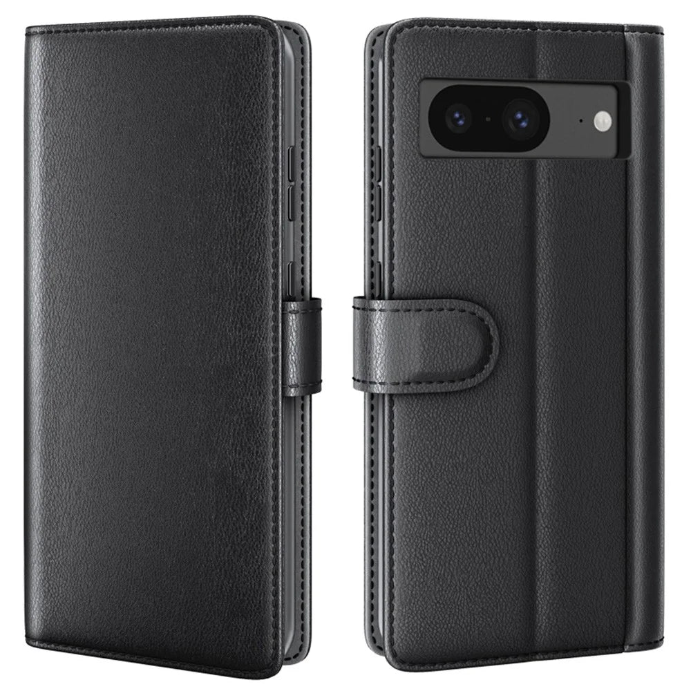 For Google Pixel 8 Phone Cases Genuine Split Leather Wallet Mobile Cover Stand - Black - 1