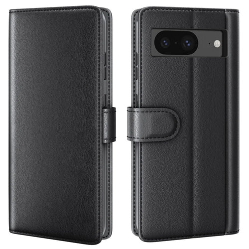 For Google Pixel 8 Phone Cases Genuine Split Leather Wallet Mobile Cover Stand - Black - 1