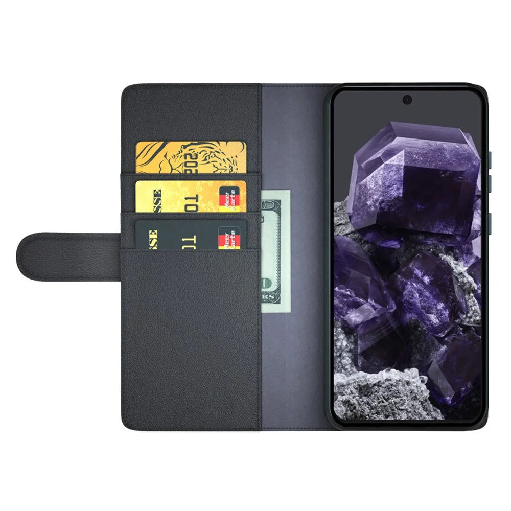 For Google Pixel 8 Phone Cases Genuine Split Leather Wallet Mobile Cover Stand - Black - 2