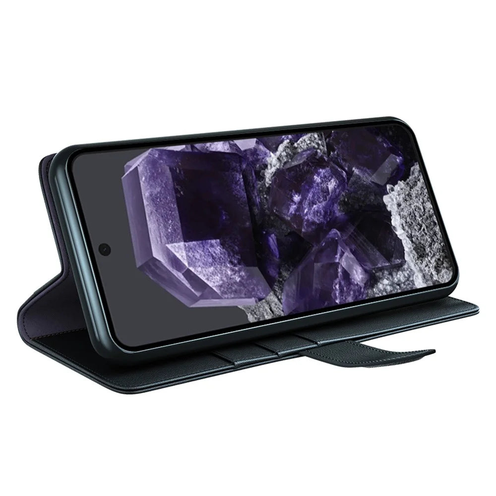 For Google Pixel 8 Phone Cases Genuine Split Leather Wallet Mobile Cover Stand - Black - 3