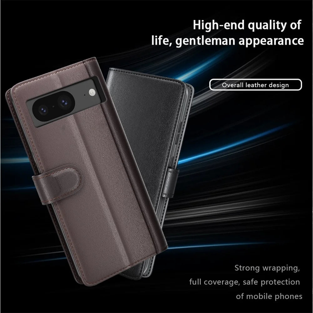For Google Pixel 8 Phone Cases Genuine Split Leather Wallet Mobile Cover Stand - Black - 4
