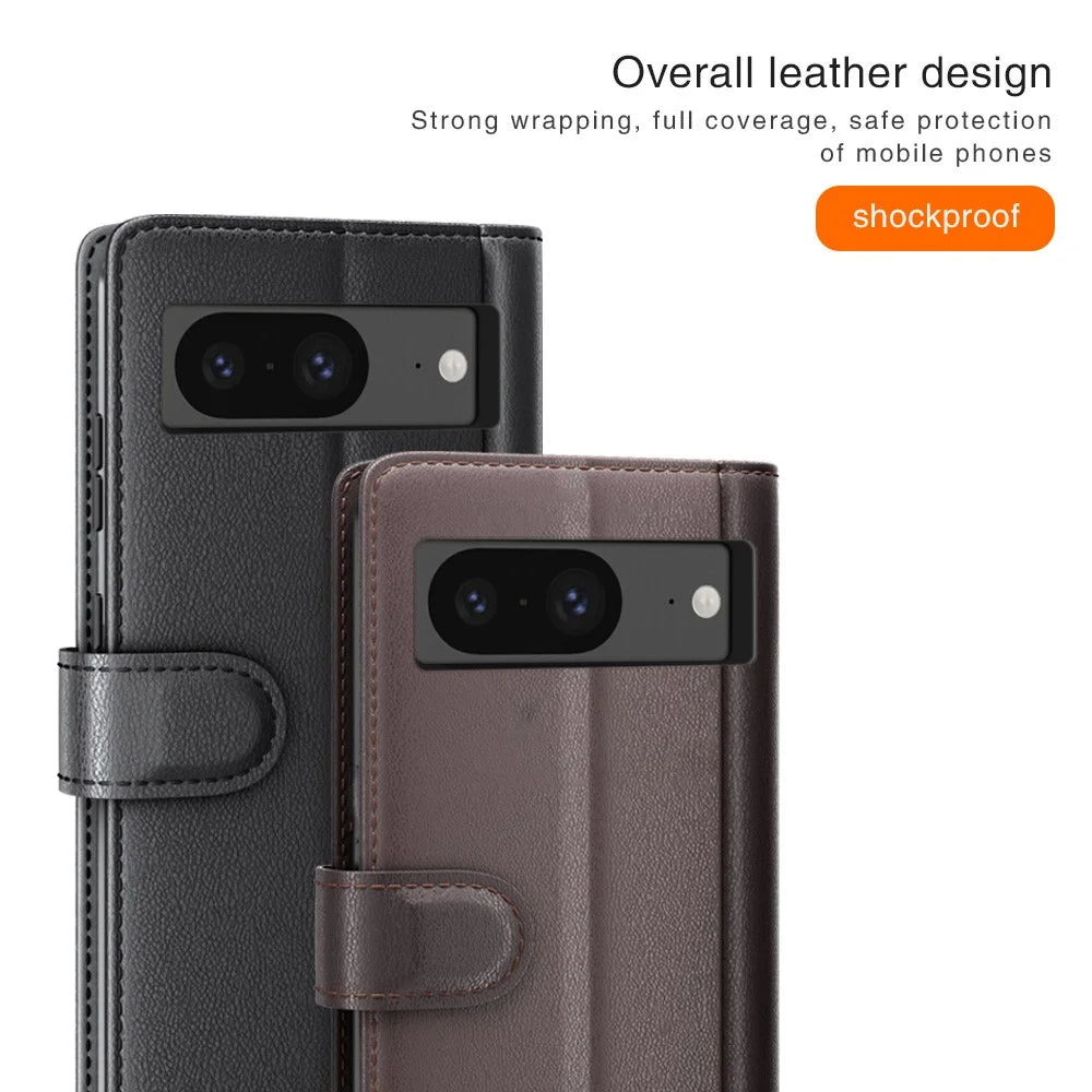 For Google Pixel 8 Phone Cases Genuine Split Leather Wallet Mobile Cover Stand - Black - 5