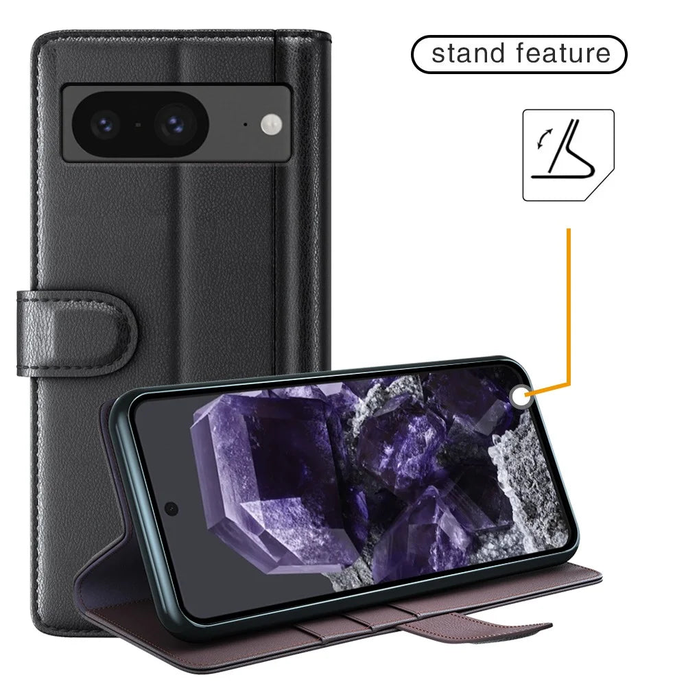 For Google Pixel 8 Phone Cases Genuine Split Leather Wallet Mobile Cover Stand - Black - 6