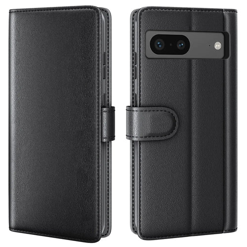 For Google Pixel 7 5G Phone Cases Genuine Split Leather Wallet Mobile Cover Stand - Black - 1