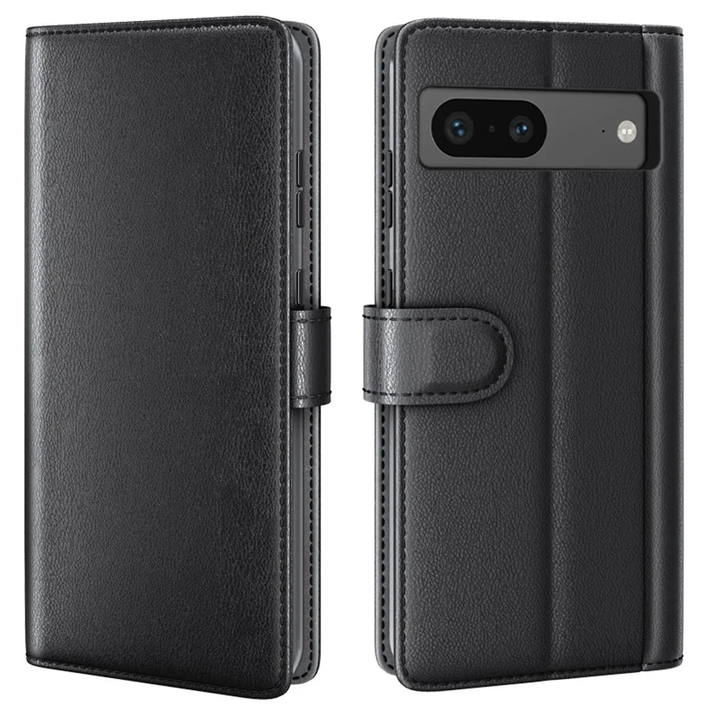 For Google Pixel 7 5G Phone Cases Genuine Split Leather Wallet Mobile Cover Stand - Black - 1