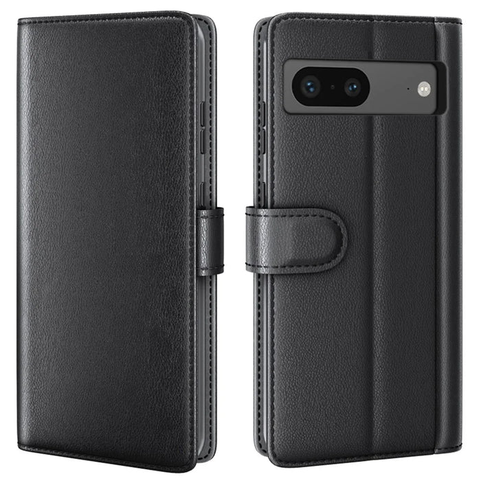 For Google Pixel 7 5G Phone Cases Genuine Split Leather Wallet Mobile Cover Stand - Black - 1
