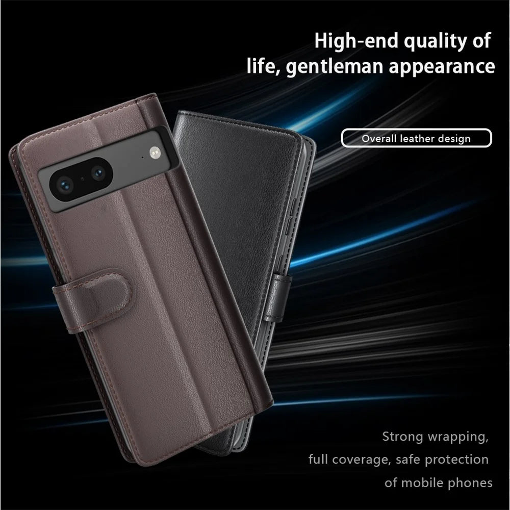 For Google Pixel 7 5G Phone Cases Genuine Split Leather Wallet Mobile Cover Stand - Black - 4